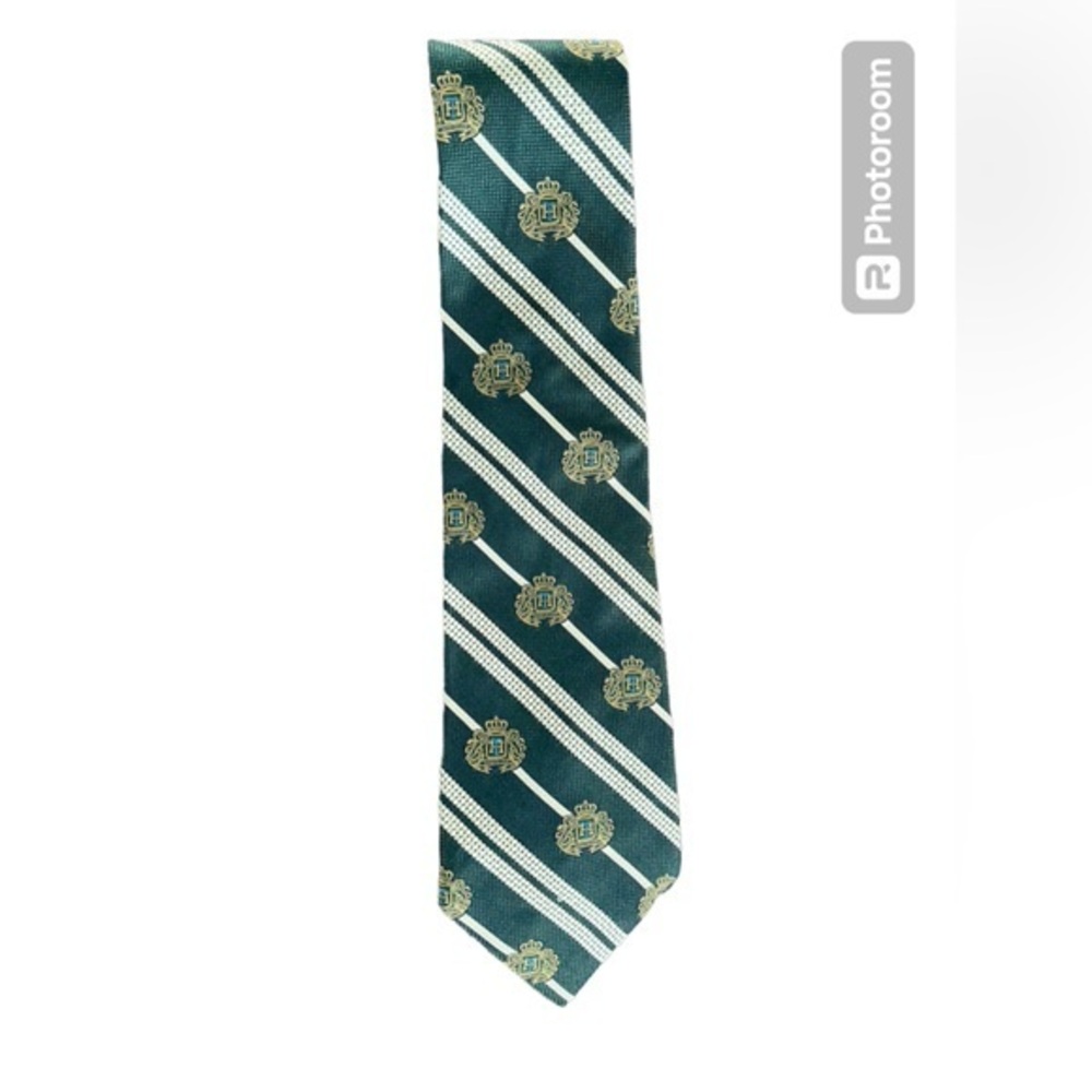 TOMMY HILFIGER Vintage Silk‎ Tie Forest Green Gold Logo Emblem
